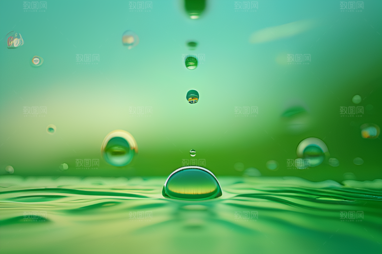真实感呈现的水滴照片绿色背景生机盎然