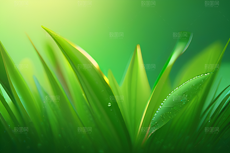 数字渲染的水滴在绿色背景中绽放光芒