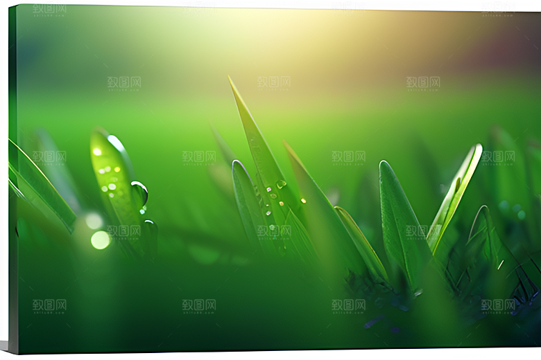 数字渲染的水滴在绿色背景中绽放光芒