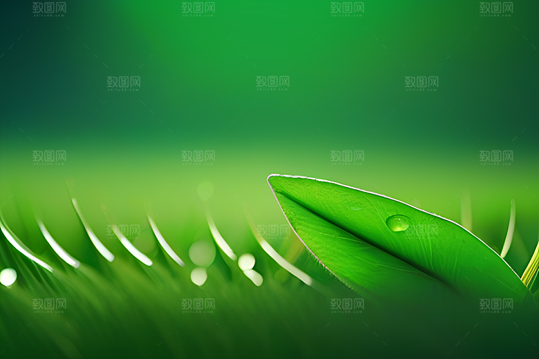 数字渲染的水滴在绿色背景中绽放光芒