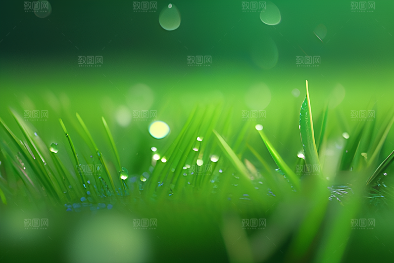 数字渲染的水滴在绿色背景中绽放光芒