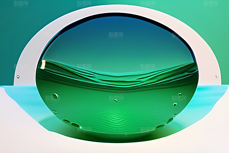 数字渲染的水滴在绿色背景中绽放光芒