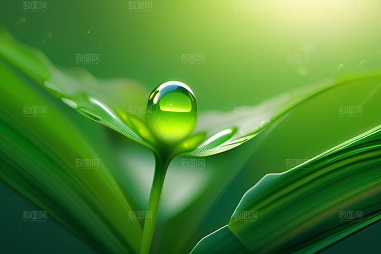 绿意盎然的背景中水滴跳跃奔腾
