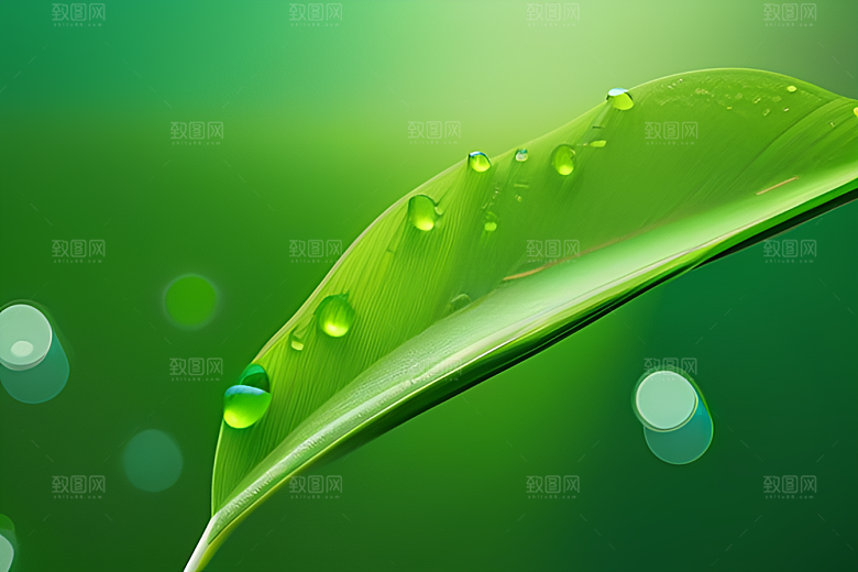 绿意盎然的背景中水滴跳跃奔腾