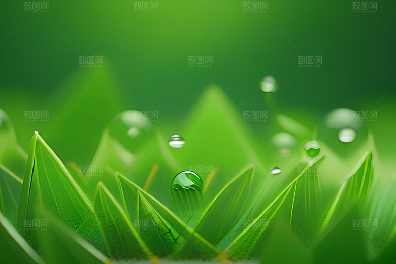 青翠绿色背景下水滴如珠般散落