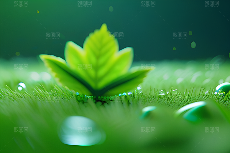 青翠绿色背景下水滴如珠般散落