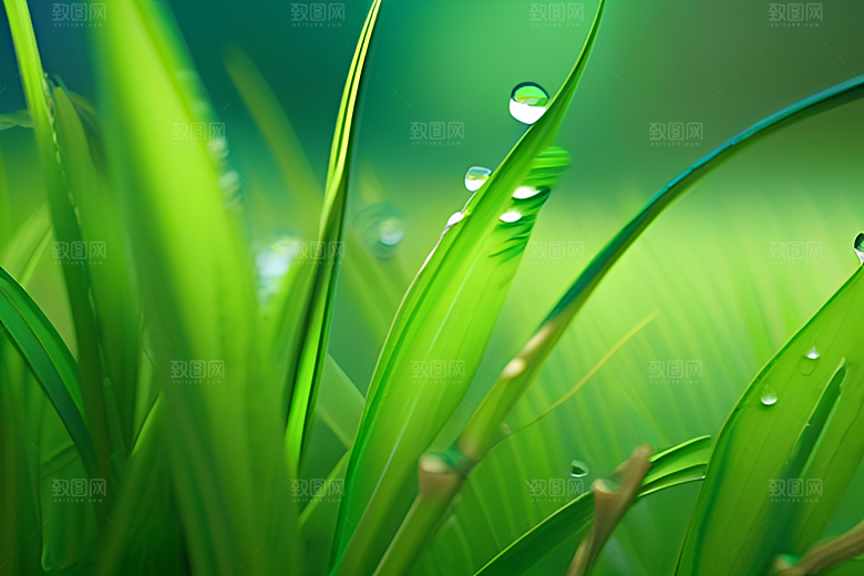 青翠绿色背景下水滴如珠般散落