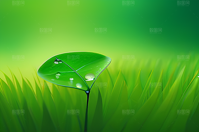 真实感十足的水滴在绿色背景下绽放