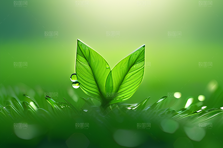 真实感十足的水滴在绿色背景下绽放