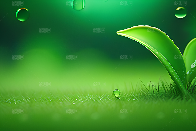 真实感十足的水滴在绿色背景下绽放