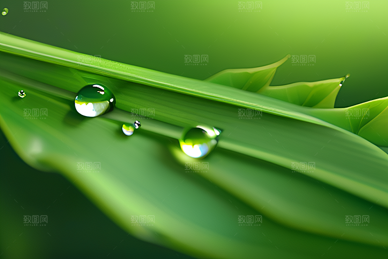 真实感十足的水滴在绿色背景下绽放