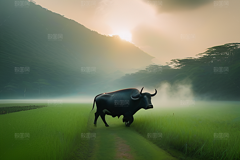绿草和树木间的男人与水牛