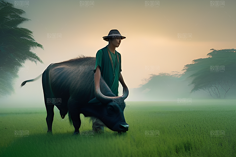 绿草和树木间的男人与水牛