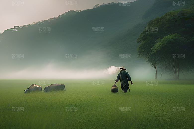绿草和树木间的男人与水牛