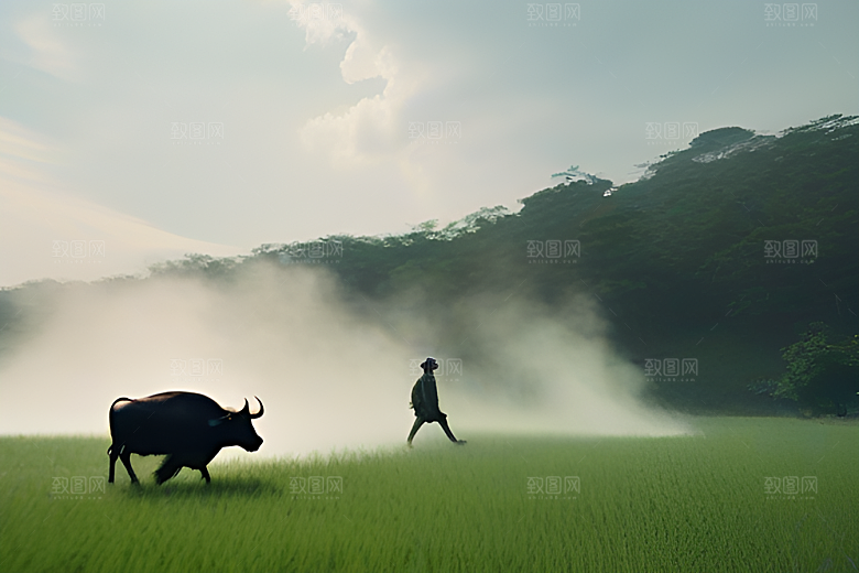 绿草和树木间的男人与水牛