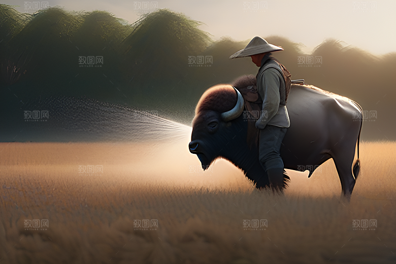 美景中的男人与水牛漫步