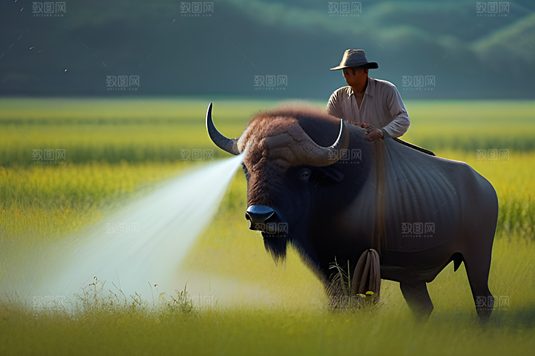 美景中的男人与水牛漫步