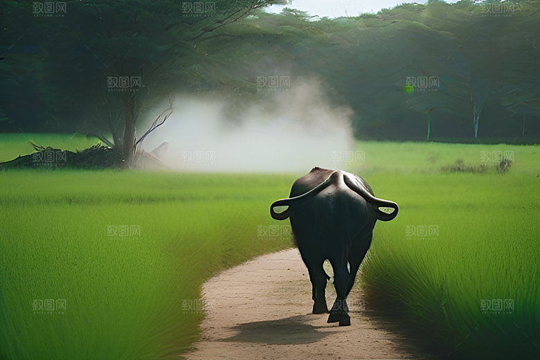 美景中的男人与水牛漫步