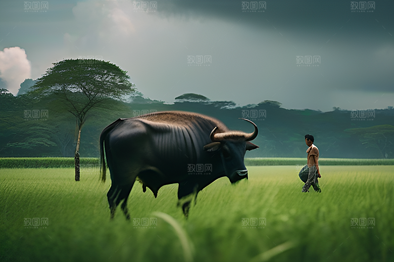 美景中的男人与水牛漫步