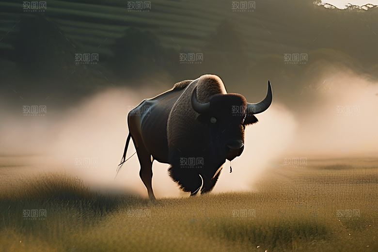 男人与水牛在草地上漫步