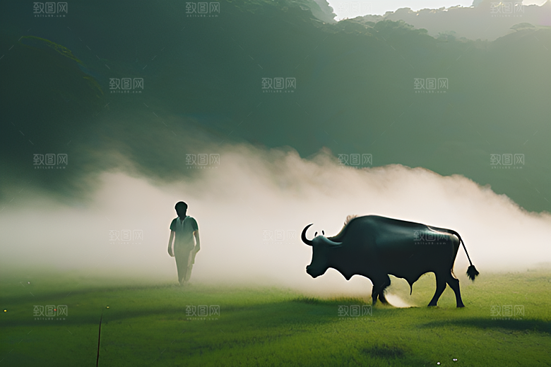 美景中的男人与水牛漫步