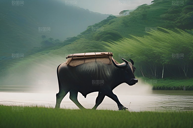 男人与水牛在草地上漫步