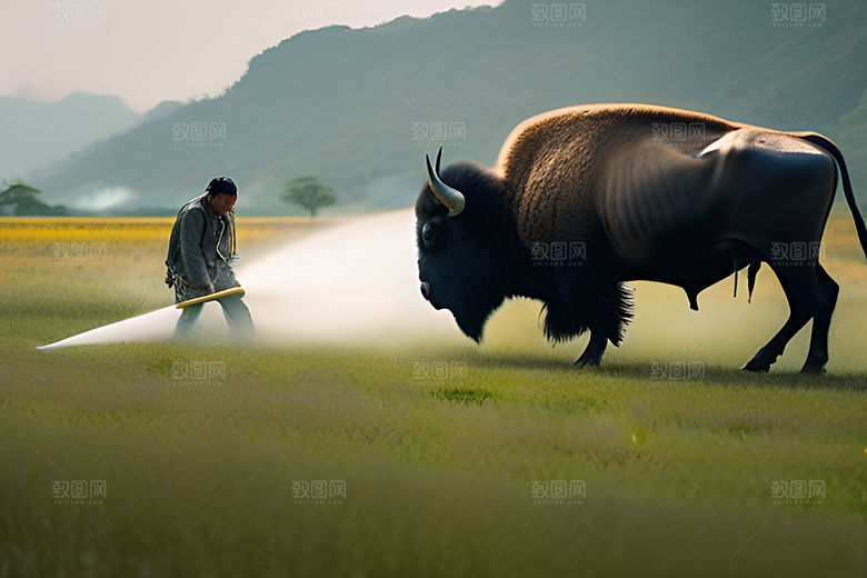 青翠的绿草地上男人与水牛同行