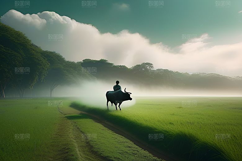 青翠的绿草地上男人与水牛同行