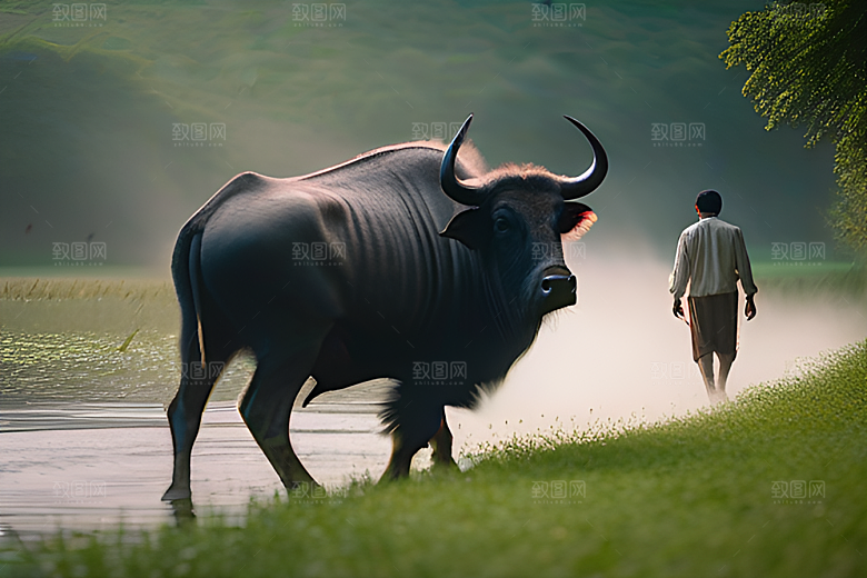 男人与水牛在绿草地上一同行走