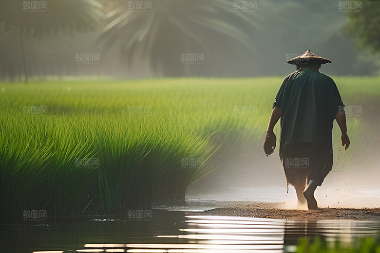 男人与水牛在绿草地上一同行走
