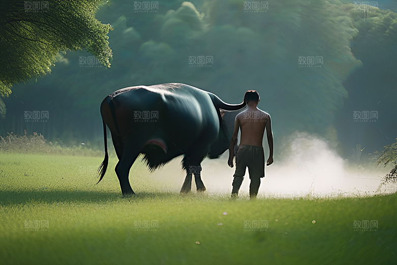 男人与水牛在绿草地上一同行走