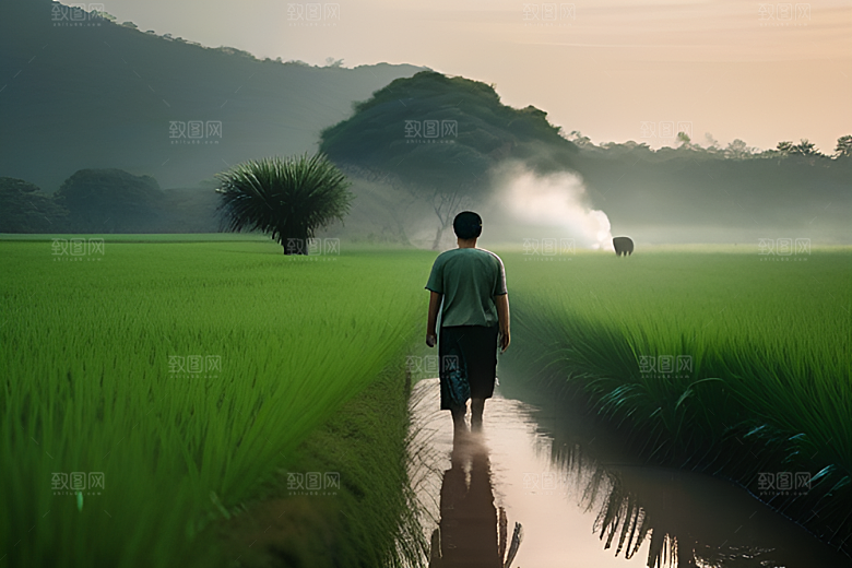 美丽的绿草田野中的男人与水牛