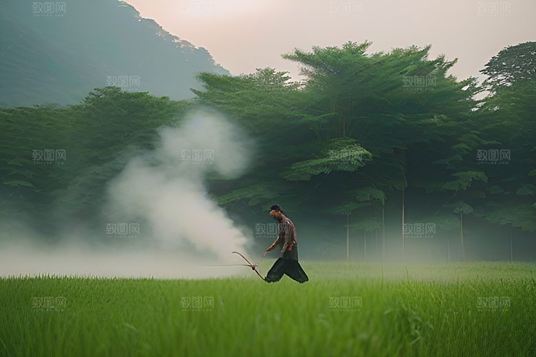 男人与水牛在绿草地上一同行走