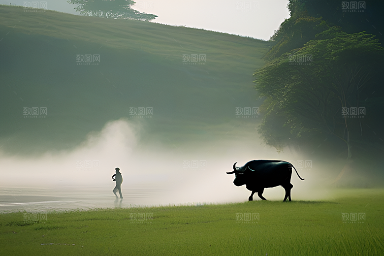 漫步在绿草地上的男人与水牛