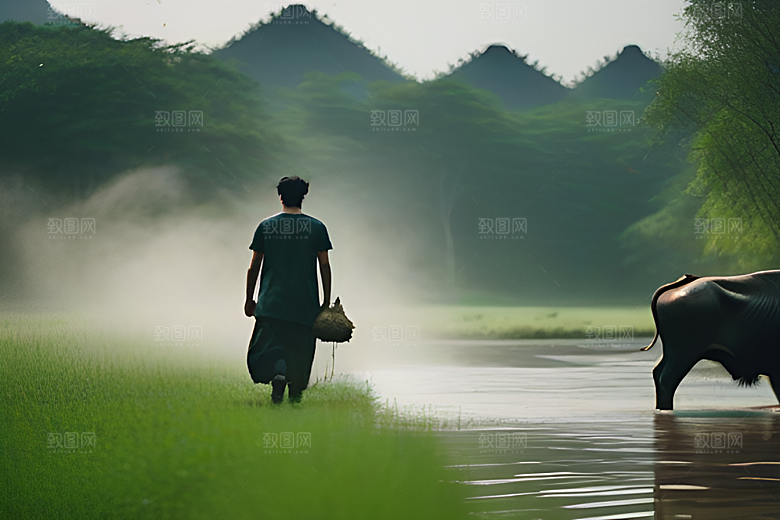 绿色田野中的男人与水牛