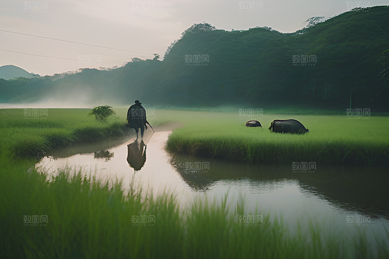 漫步在绿草地上的男人与水牛