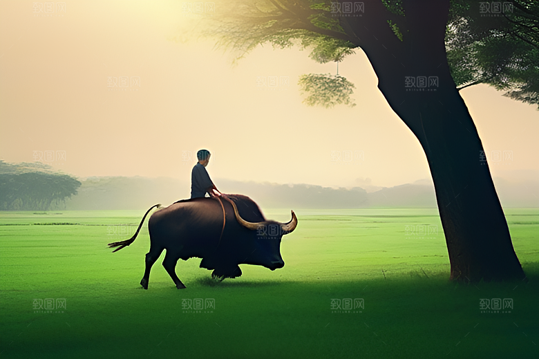 漫步在绿草地上的男人与水牛