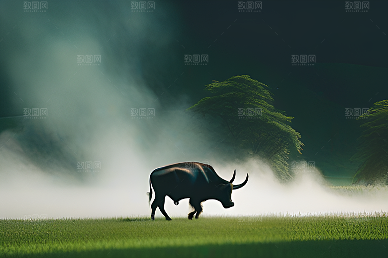 漫步在绿草地上的男人与水牛