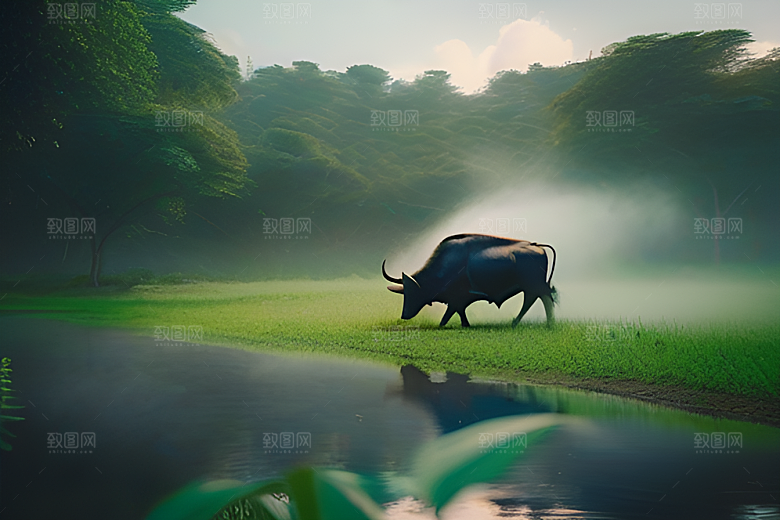 绿草和树木间的男人与水牛