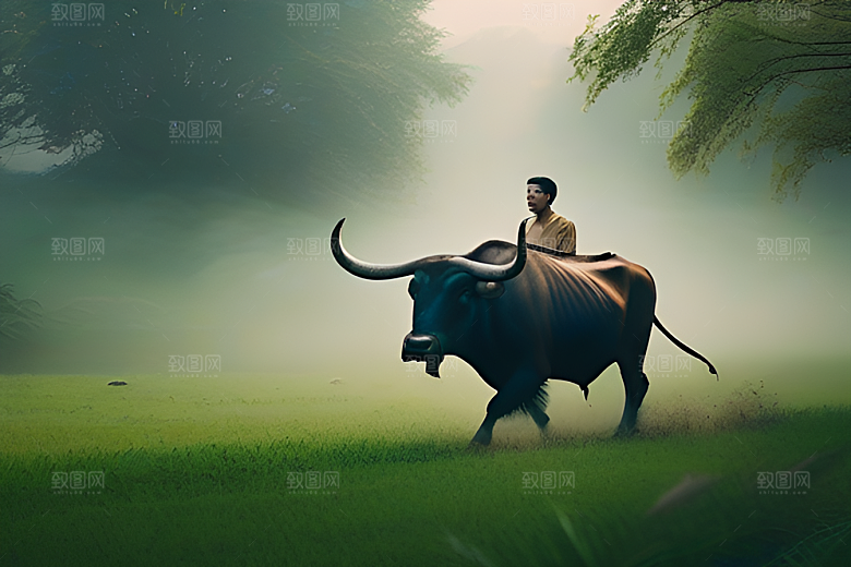 美景中的男人与水牛漫步