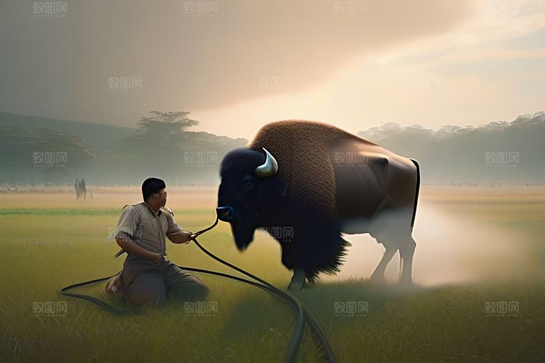 美景中的男人与水牛漫步