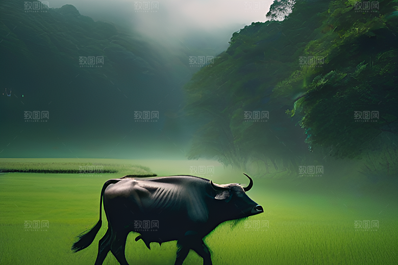 美景中的男人与水牛漫步