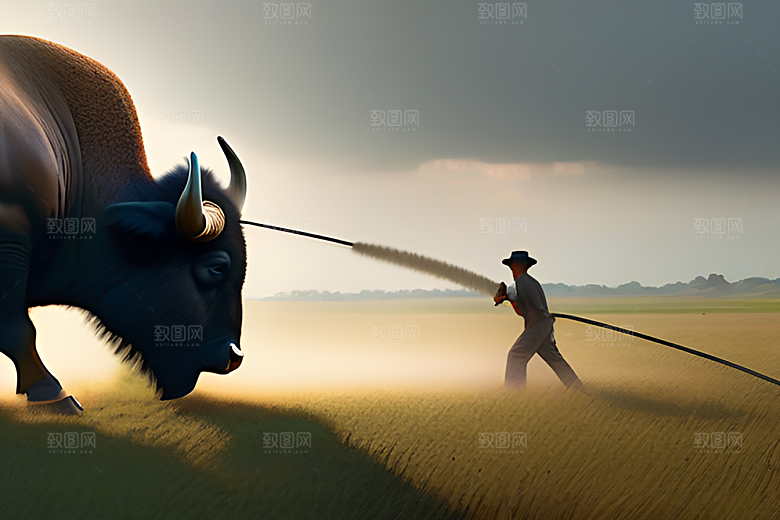 美景中的男人与水牛漫步