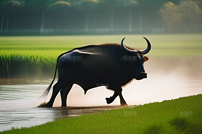 美景中的男人与水牛漫步