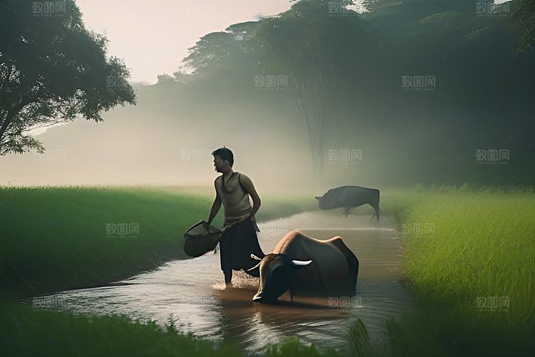 男人与水牛在草地上漫步
