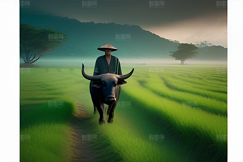 男人与水牛在草地上漫步