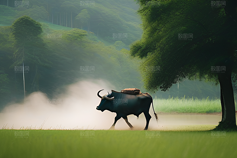 男人与水牛在草地上漫步