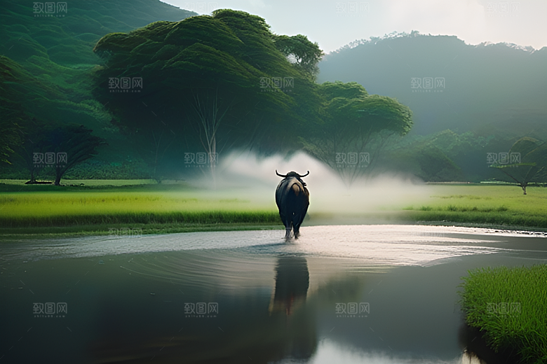 青翠的绿草地上男人与水牛同行