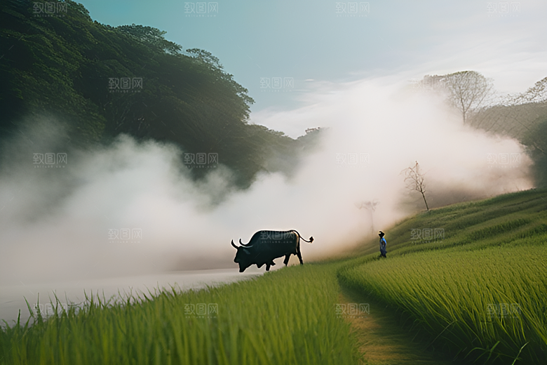 男人和水牛在绿草地上漫步