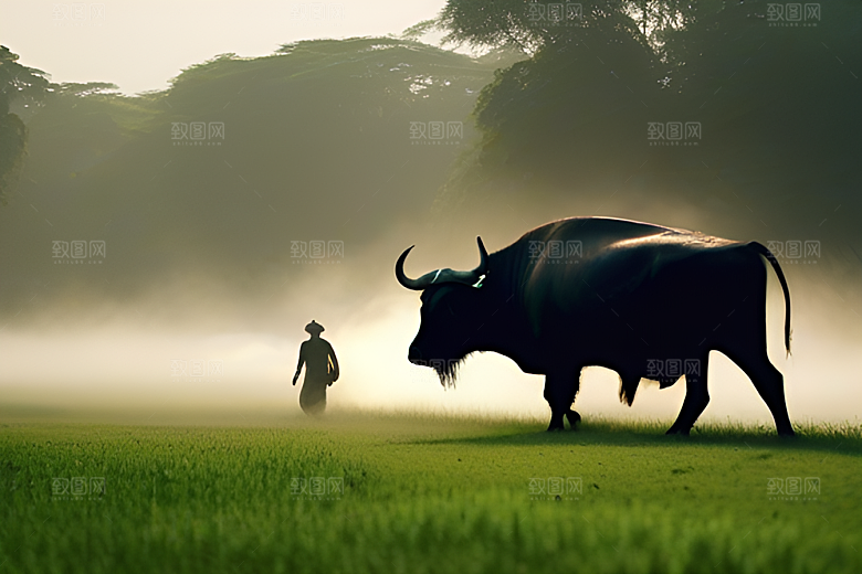 男人和水牛在绿草地上漫步